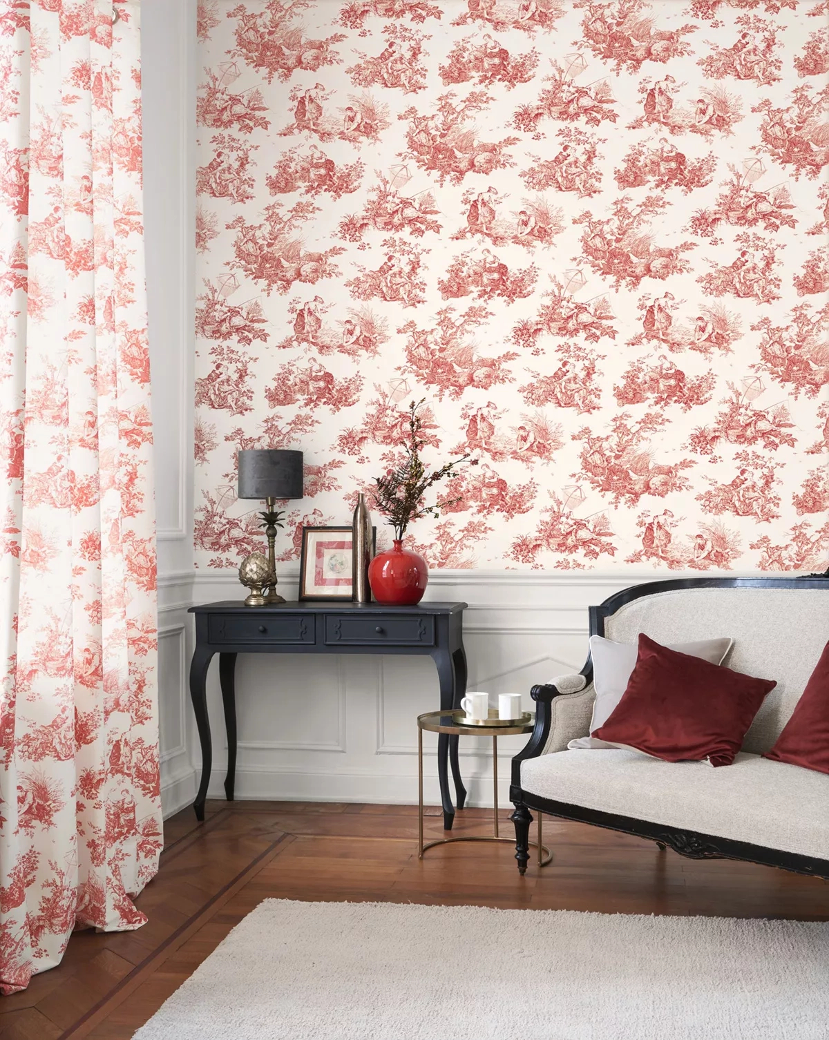 Toile stílusú design tapéta paraszti életkép mintával bordó színben