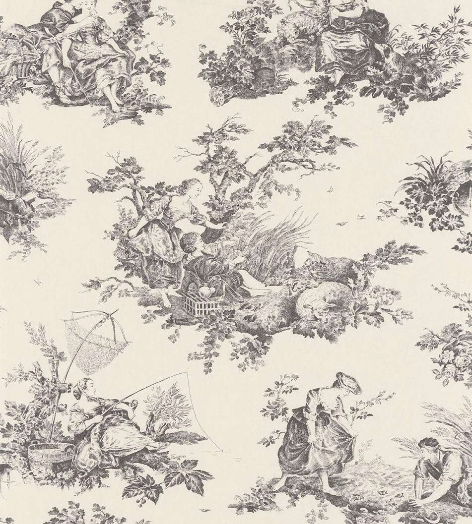 Toile stílusú design tapéta paraszti életkép mintával fekete színben