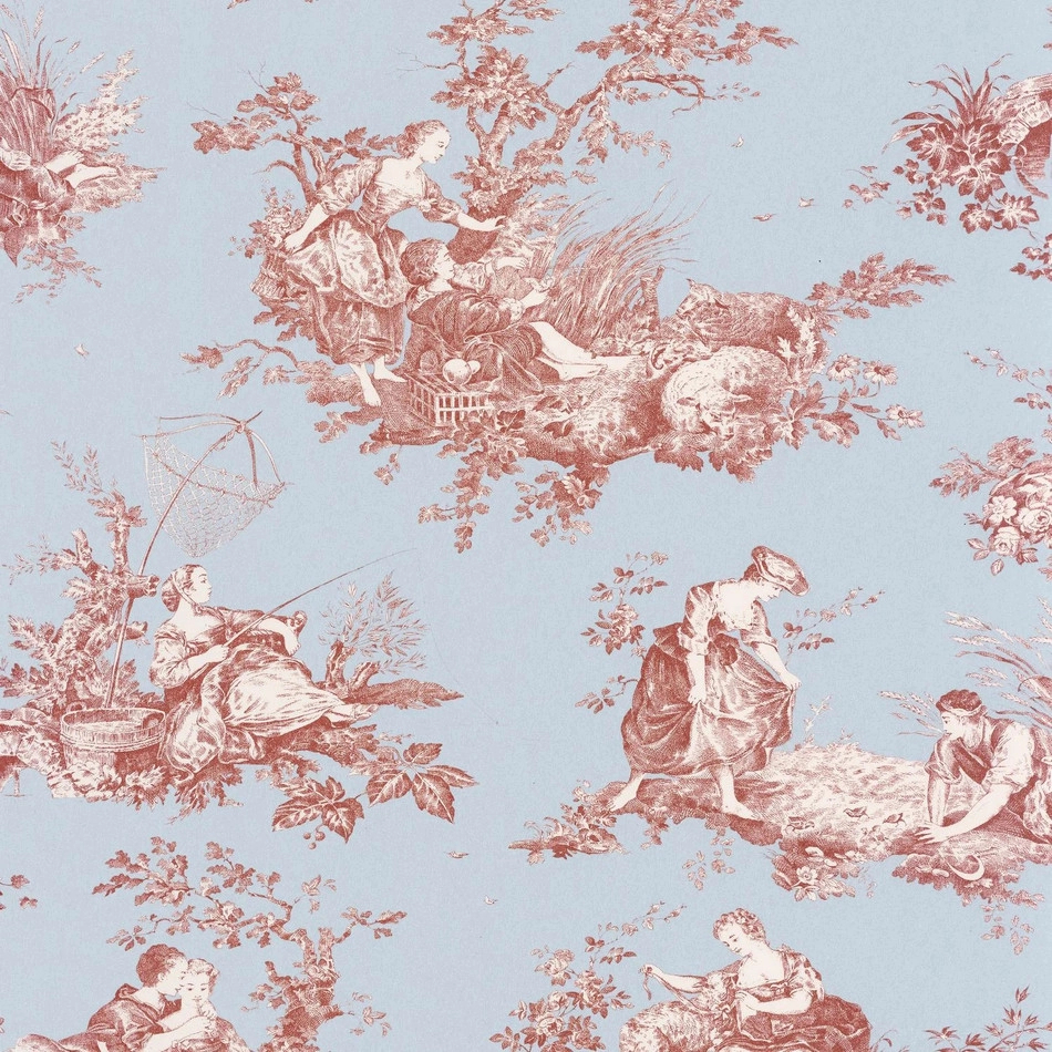 Toile stílusú design tapéta paraszti életkép mintával kék és bordó színben