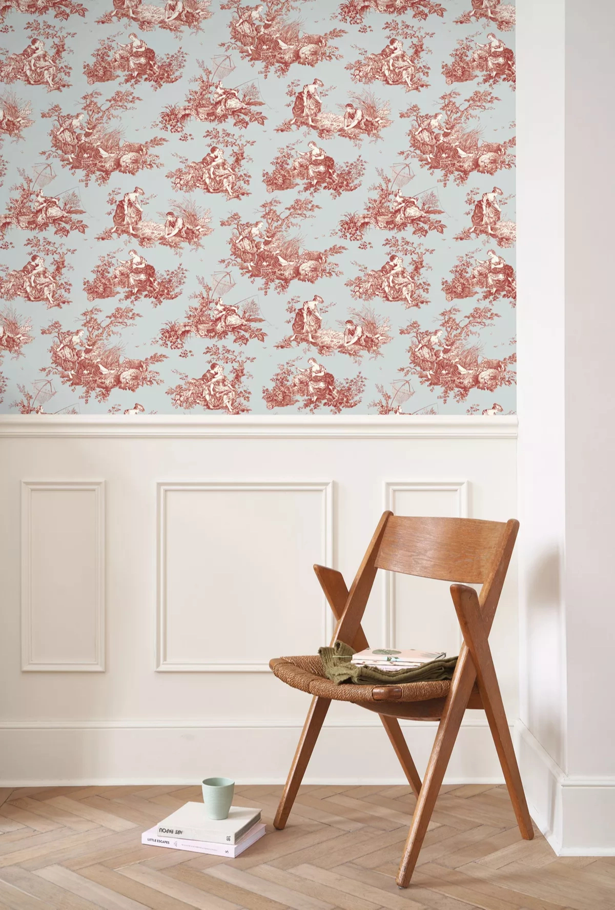 Toile stílusú design tapéta paraszti életkép mintával kék és bordó színben