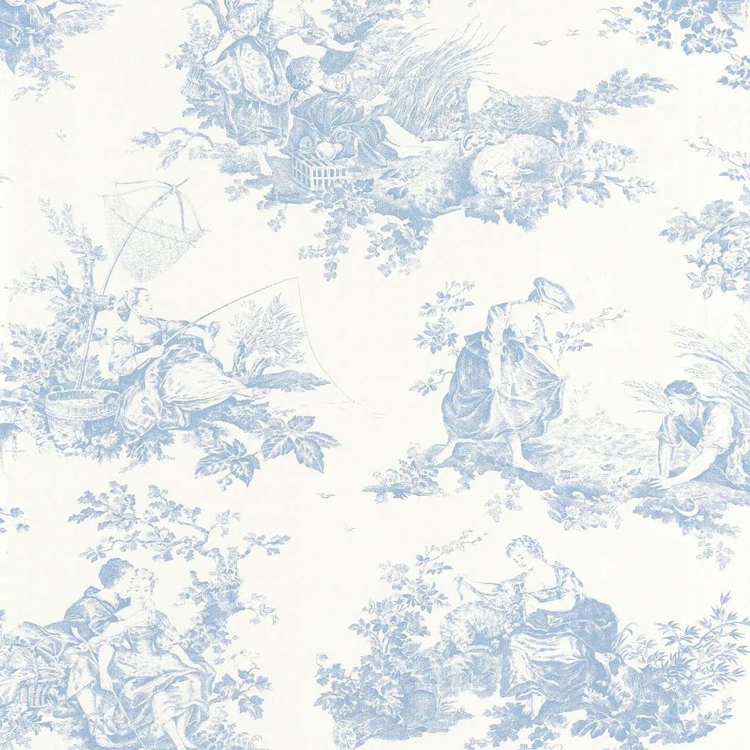 Toile stílusú design tapéta paraszti életkép mintával kék színben
