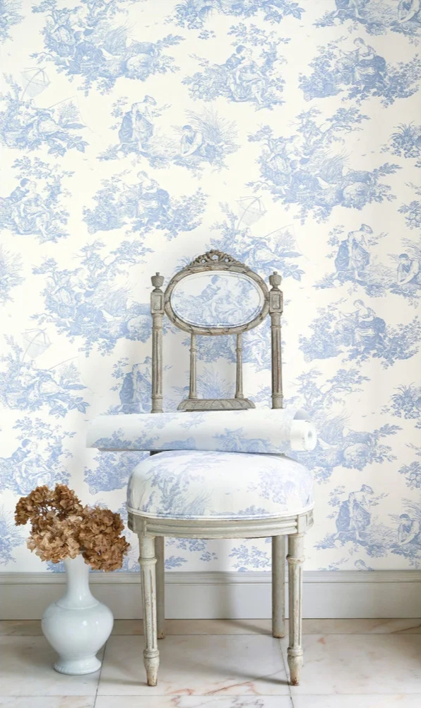 Toile stílusú design tapéta paraszti életkép mintával kék színben