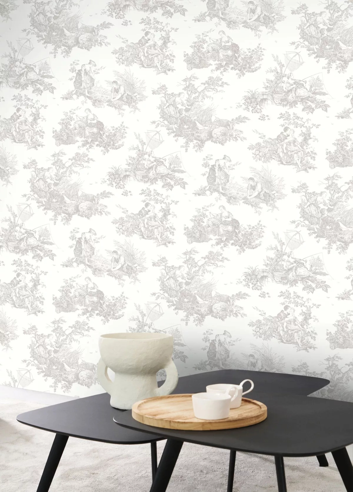 Toile stílusú design tapéta paraszti életkép mintával szürke színben