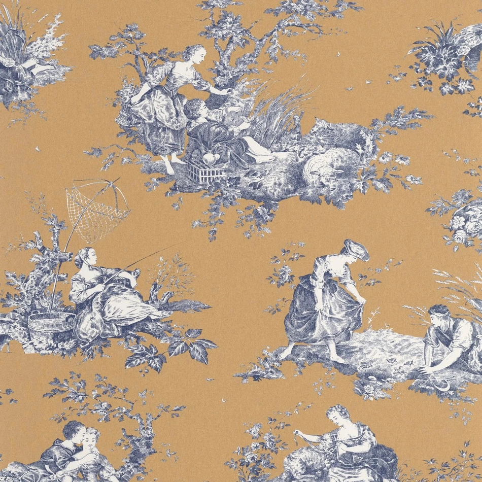Toile stílusú design tapéta paraszti életkép mintával tevebarna kék színben