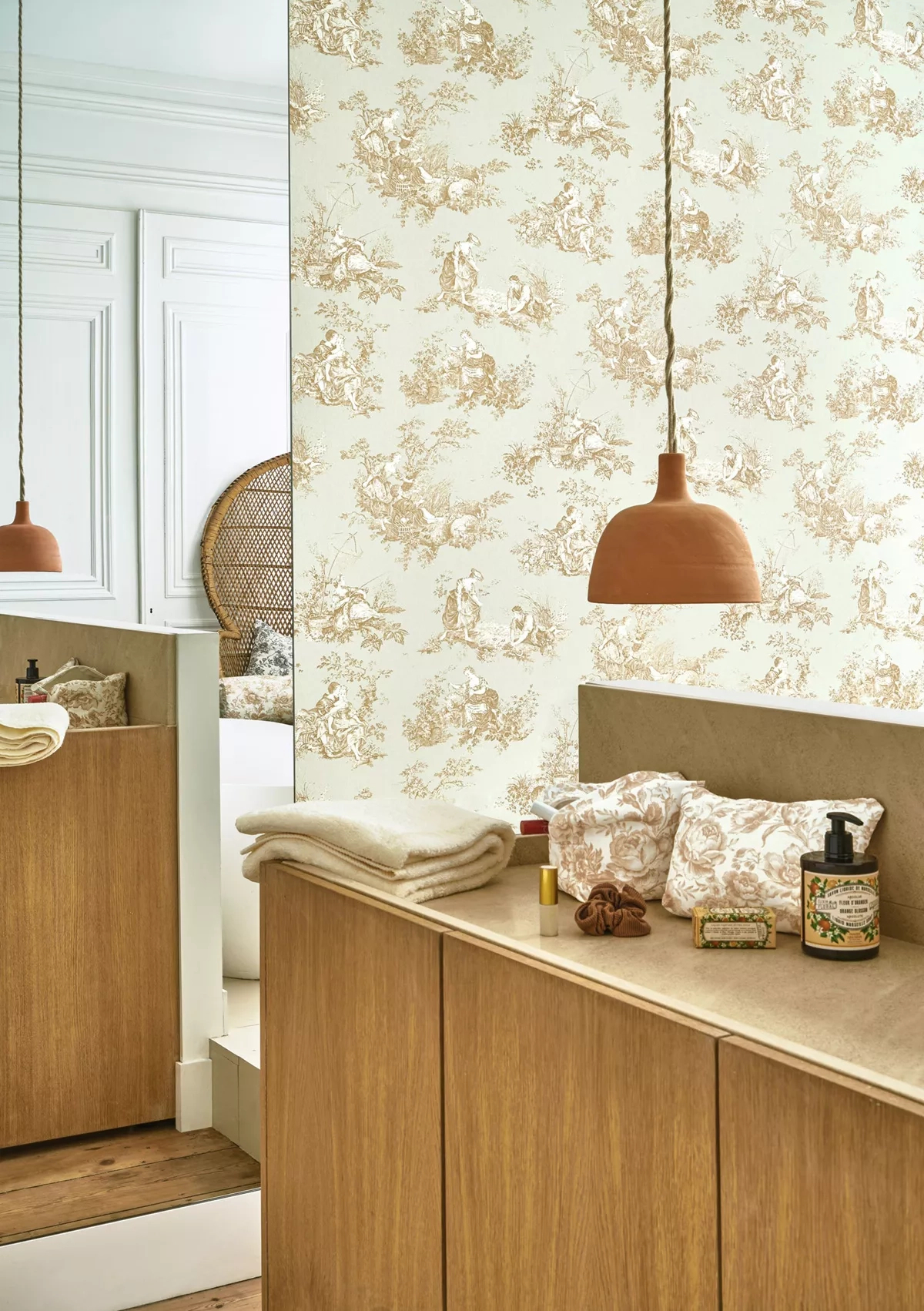 Toile stílusú design tapéta paraszti életkép mintával zöld és barna színben