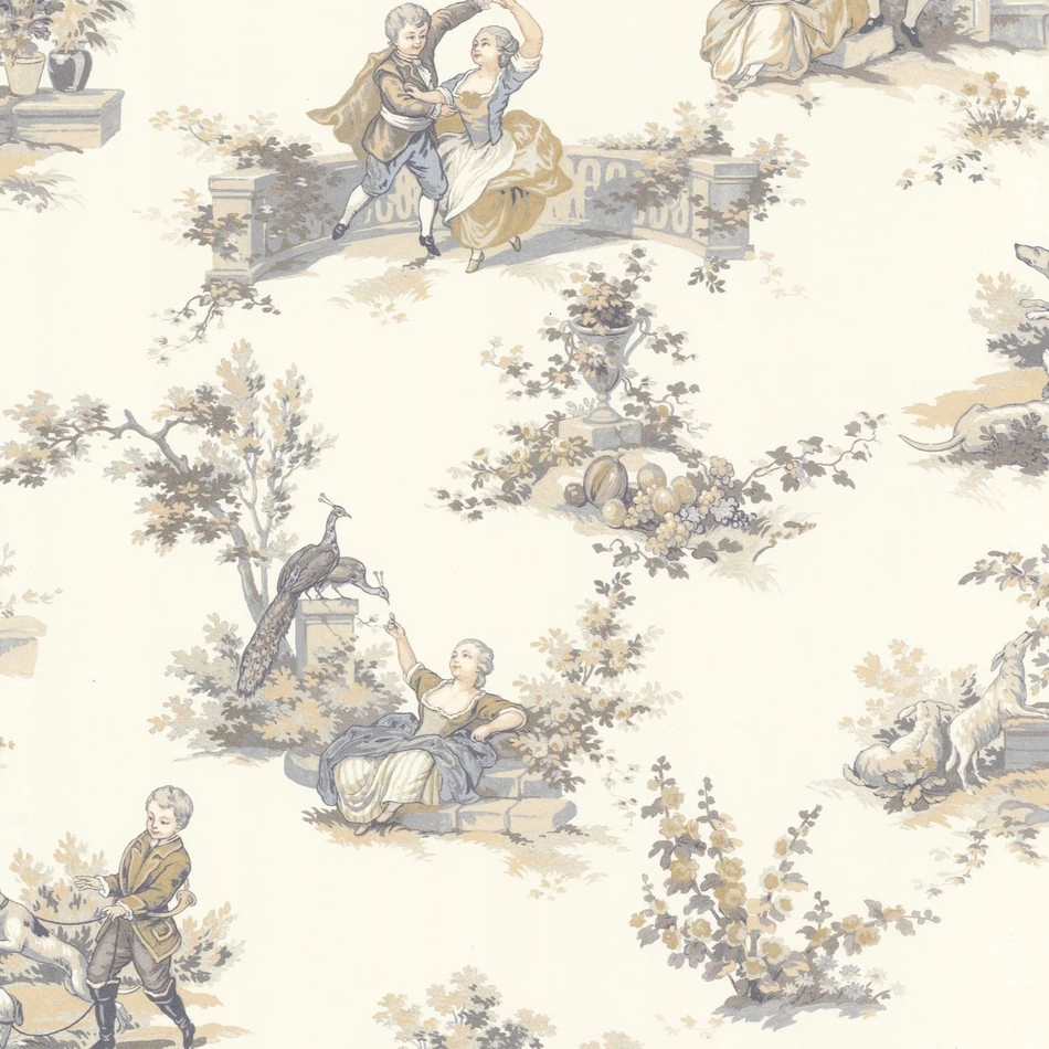 Toile stílusú design tapéta úri életkép mintával beige és kék színben
