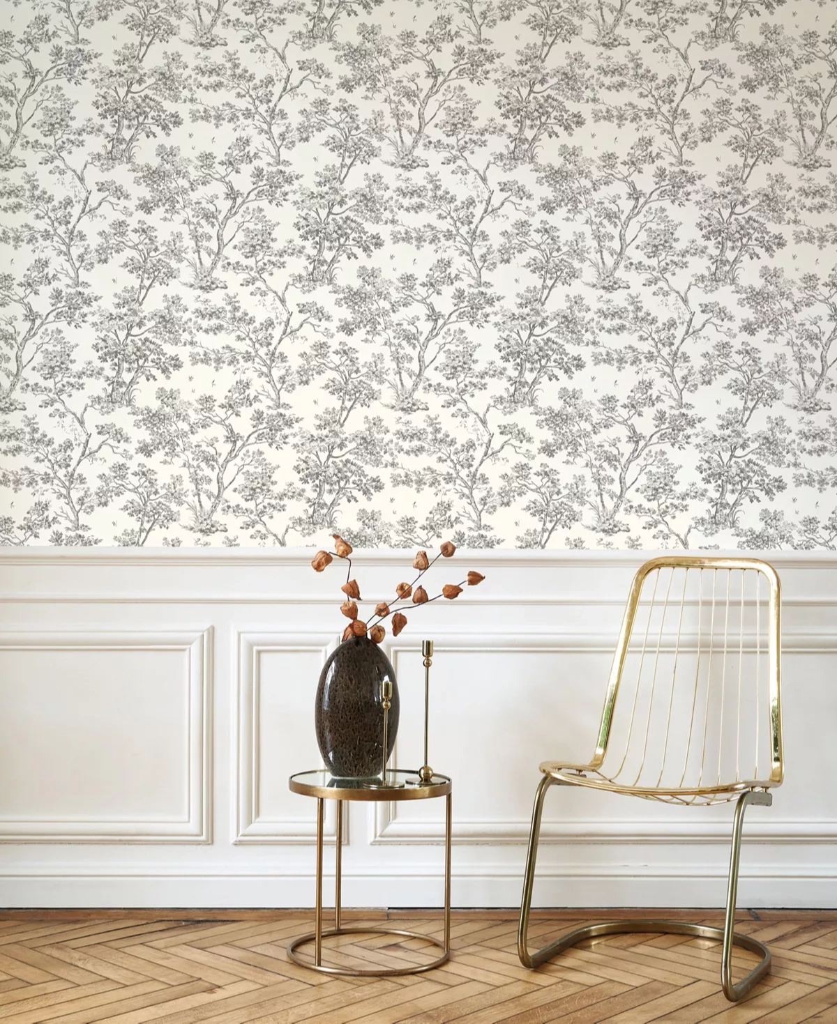 Toile stílusú design tapéta virágzó fa mintával fekete színben