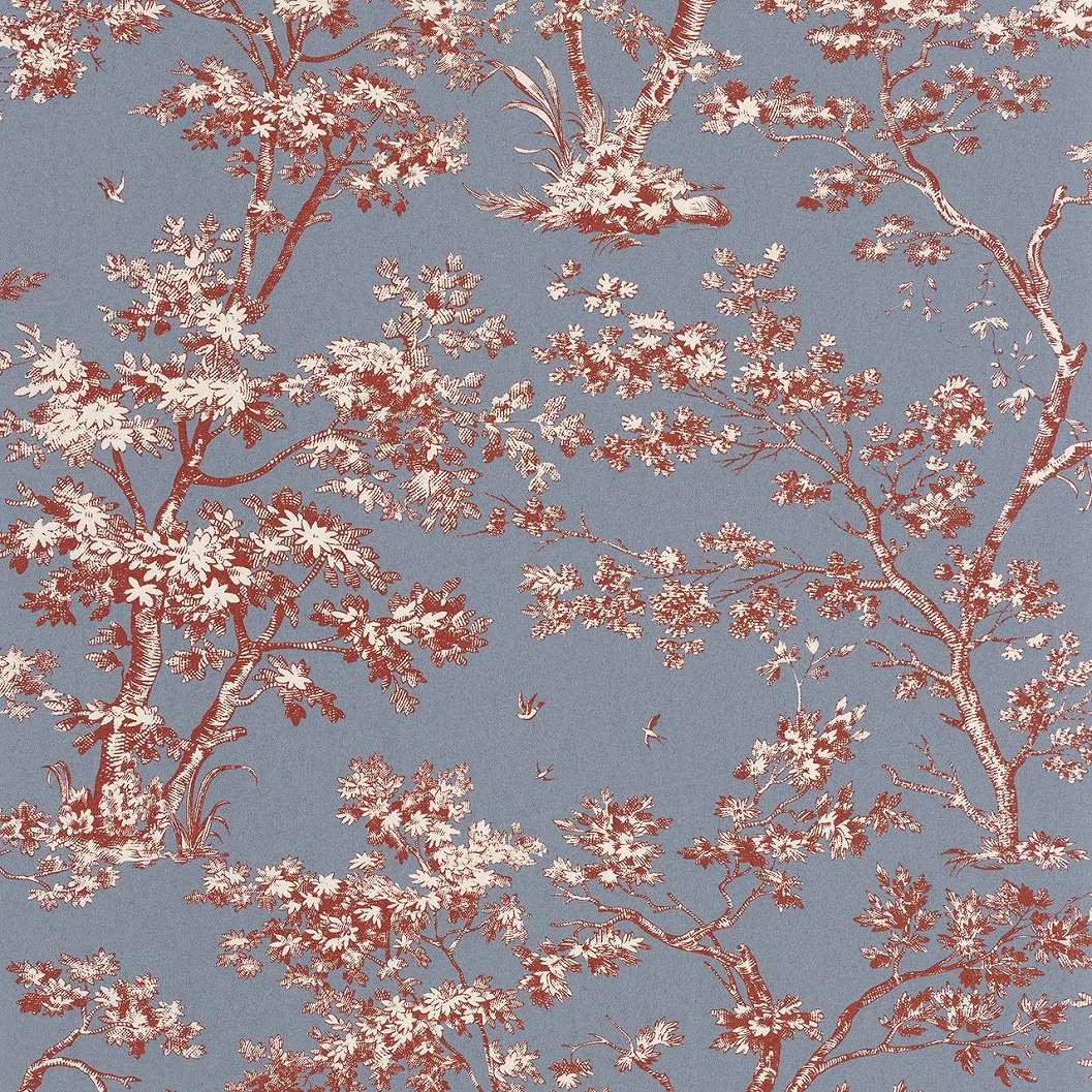 Toile stílusú design tapéta virágzó fa mintával kék és bordó színben