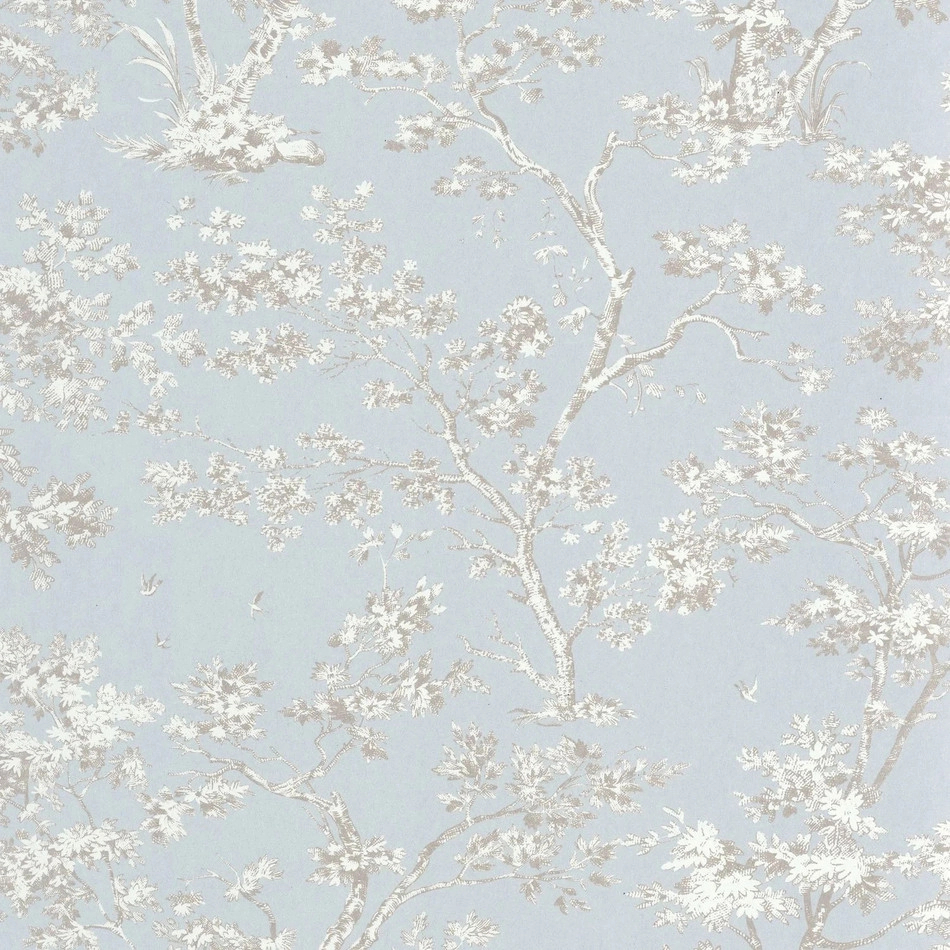 Toile stílusú design tapéta virágzó fa mintával kék és szürke színben