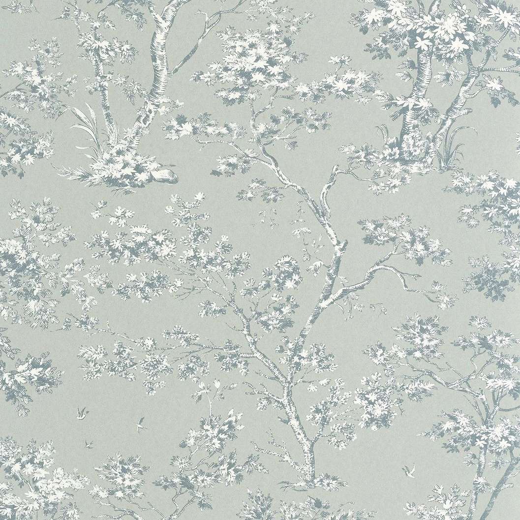 Toile stílusú design tapéta virágzó fa mintával szürkészöld és kék színben