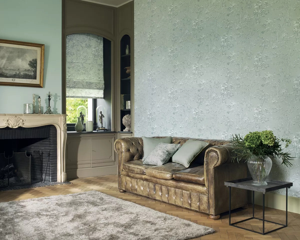 Toile stílusú design tapéta virágzó fa mintával szürkészöld és kék színben