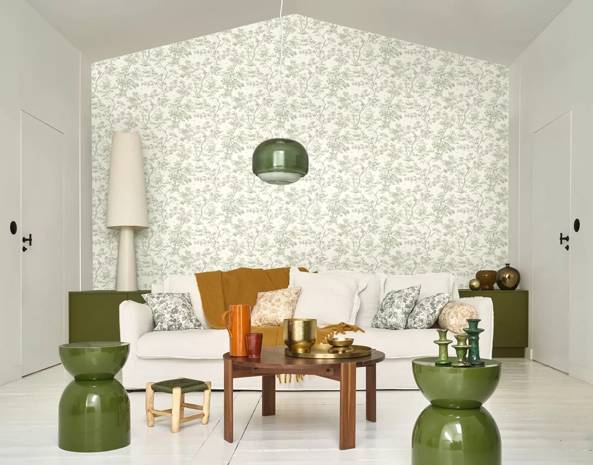 Toile stílusú design tapéta virágzó fa mintával zöld és krém színben