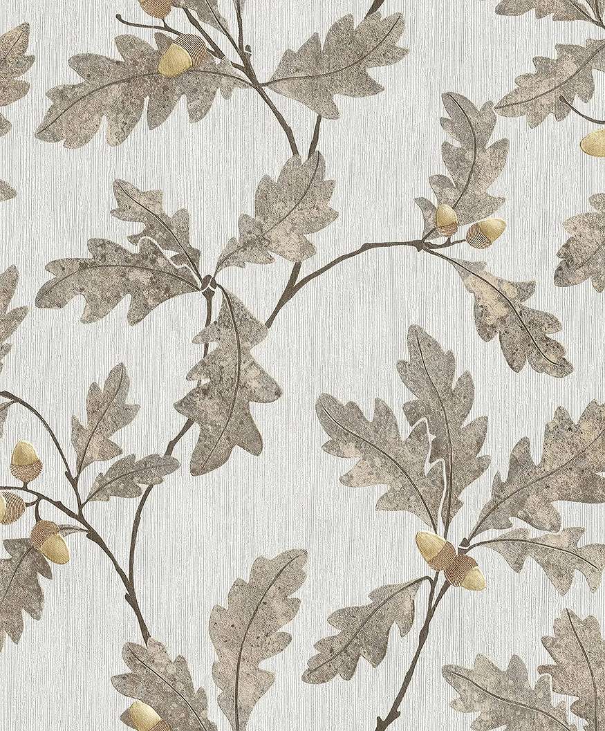 Tölgyfaág mintás beige és szürke színű dekor tapéta