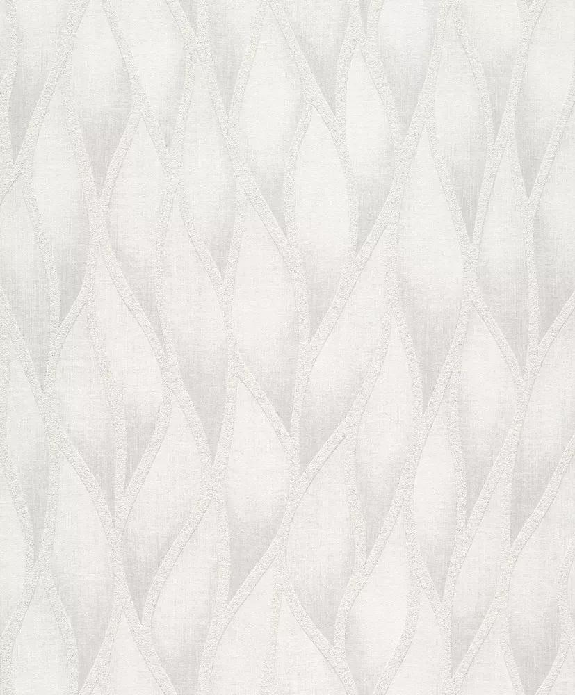 Törtfehér szürke csillámos felületű stilizált levélmintás vlies design tapéta