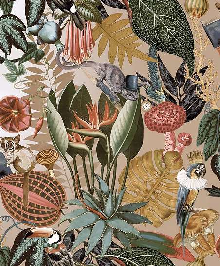 Trendi trópusi hangulatú sokszíinű design tapéta bohém állat mintákkal