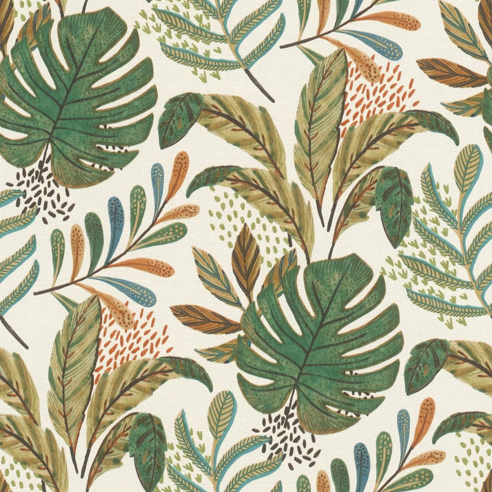 Trópusi botanikus dekor tapéta krémfehér alapon zöldes levél mintával