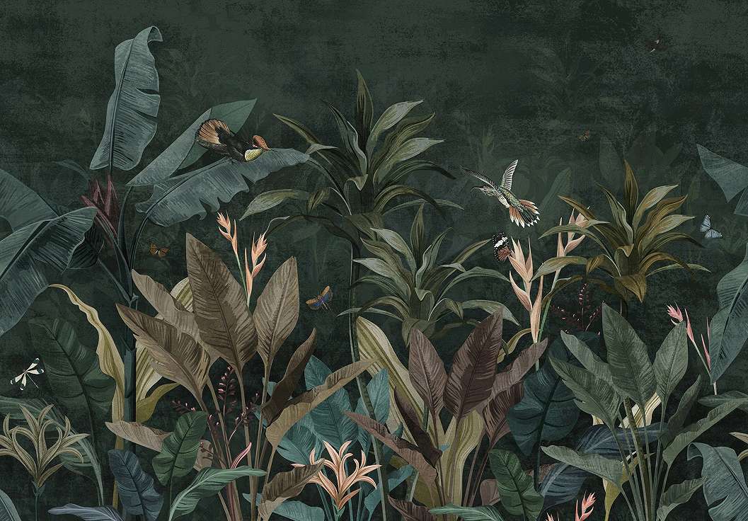 Trópusi botanikus mintás poszter tapéta zöldes színvilágban 368x254 vlies
