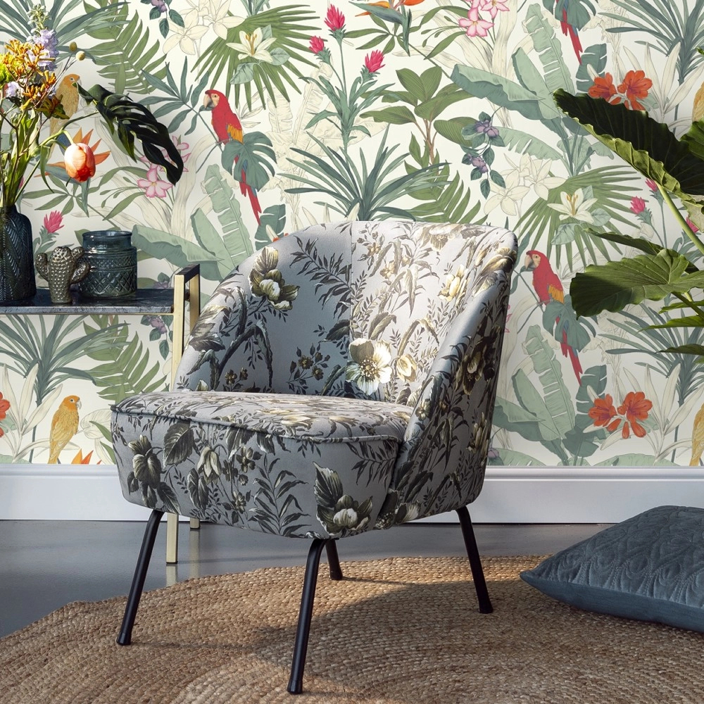 Trópusi botanikus pálmalevél és papagáj mintás trendi dekor tapéta