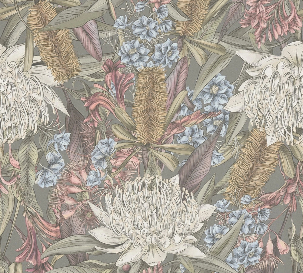 Trópusi botanikus virág és levél mintás szürke alapon sokszínű design tapéta