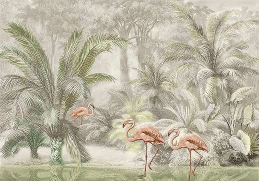Trópusi dzsungel és flamingó mintás fali poszter absztrakt rajzolt stílusban