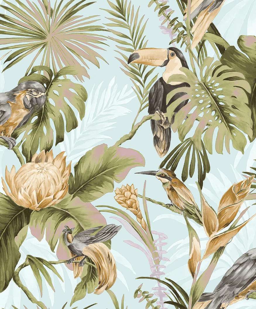 Trópusi dzsungel mintás vlies design tapéta papagáj és tukán madár mintával