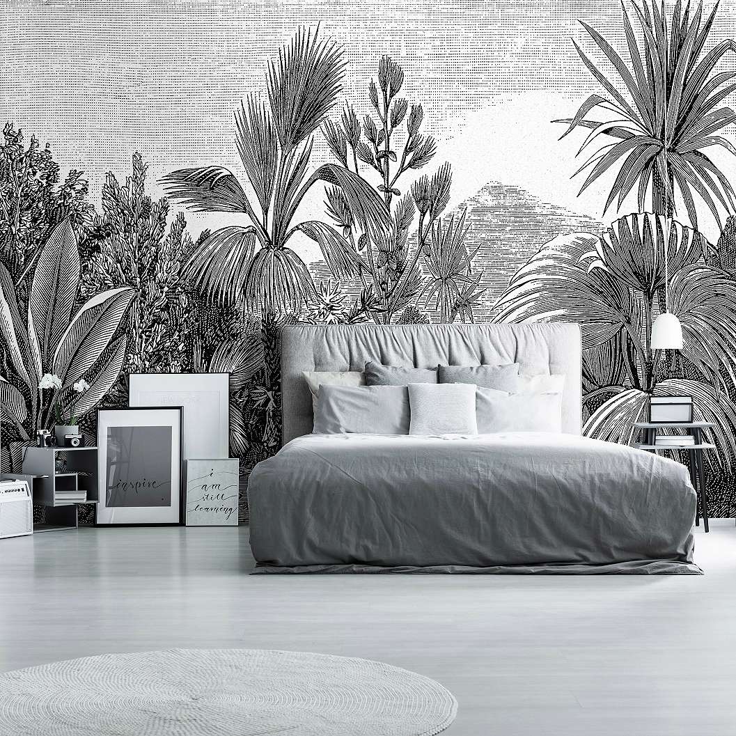 Trópusi dzsungel mintás vlies fali poszter fekete fehér stílusban 368x254 vlies