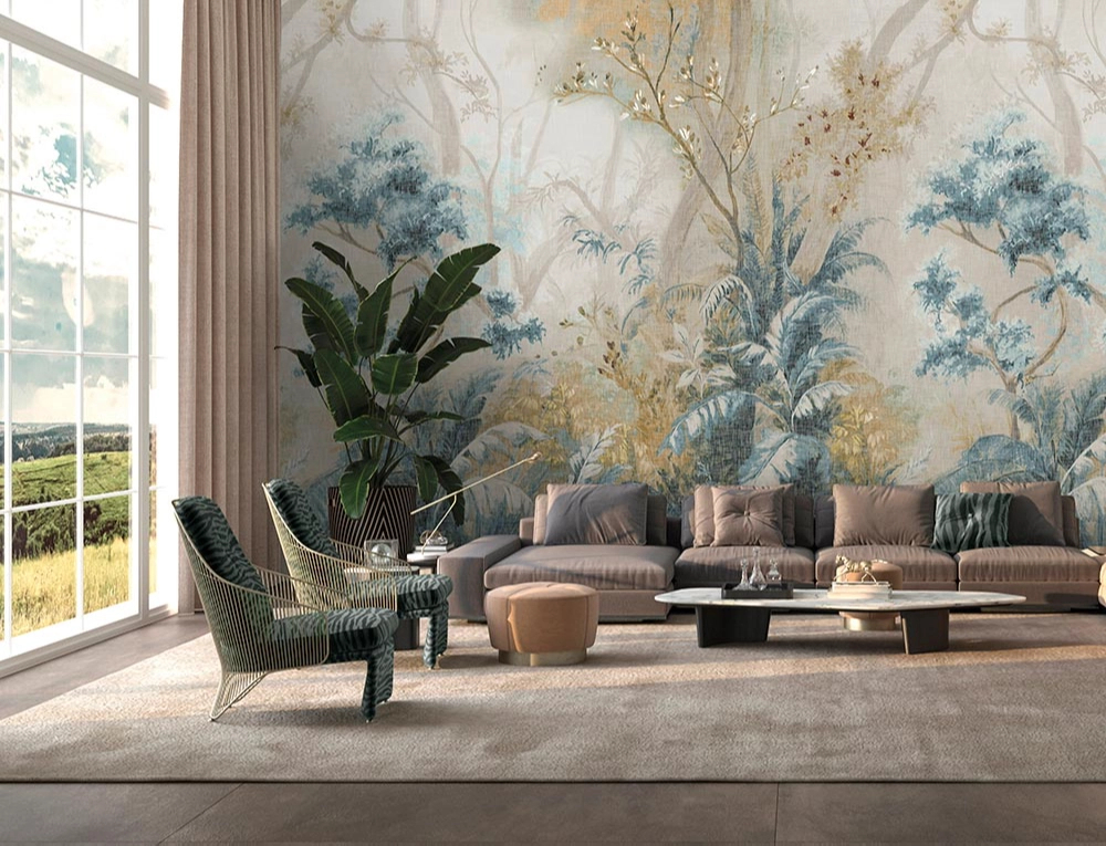 Trópusi erdő fotótapéta krém és zöld színes