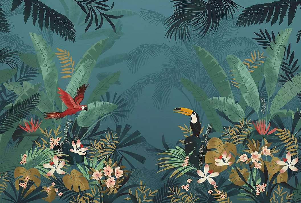Trópusi hangulatú fali poszter pálmafa és madár mintával