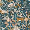 Trópusi leveles és leopárd mintás gyerek tapéta kék színben