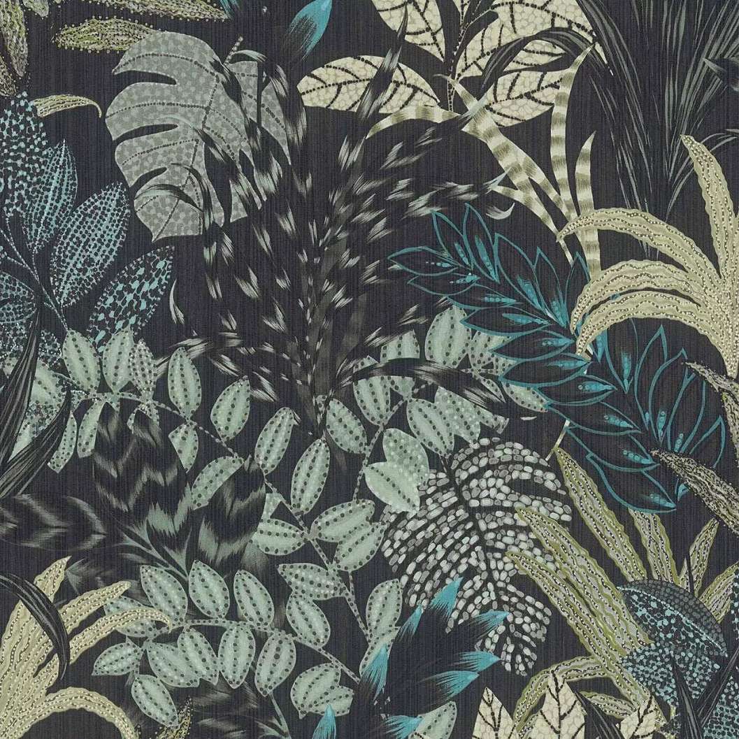 Trópusi levélmintás vlies design tapéta kék fekete színekkel