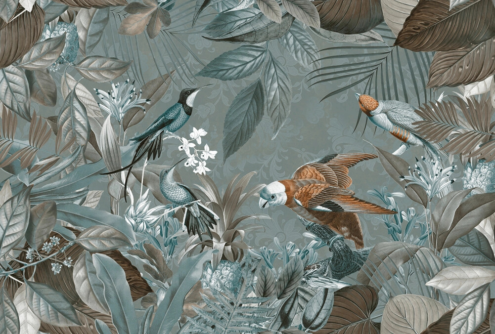 Trópusi madár és botanikus mintás vinyl posztertapéta struktúrált anyagra
