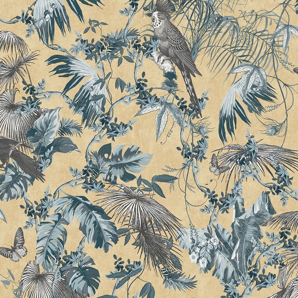 Trópusi mintás tapéta arany kék színekkel madár mintával
