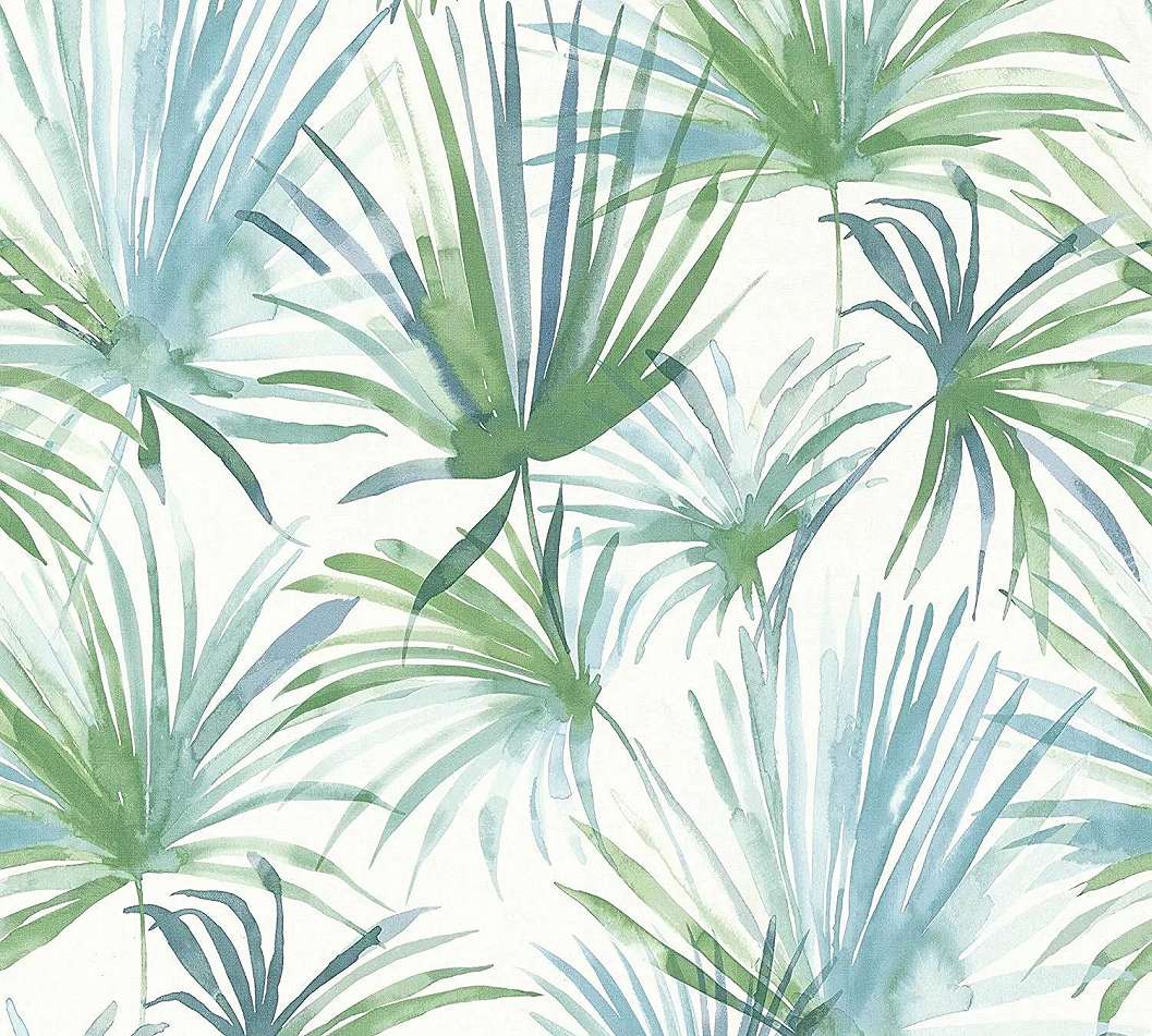 Trópusi pálma levél mintás tapéta zöld kék színekben