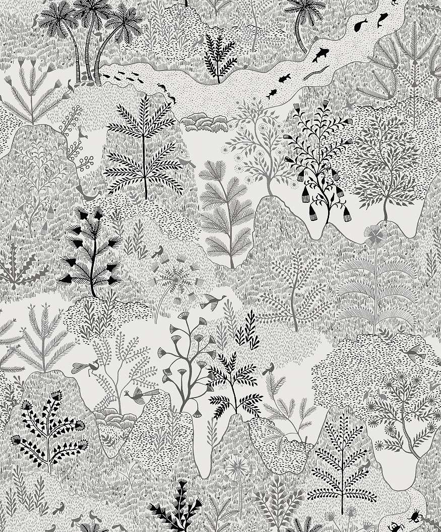 Trópusi tájkép mintás Khroma design tapéta fekete fehér színeben