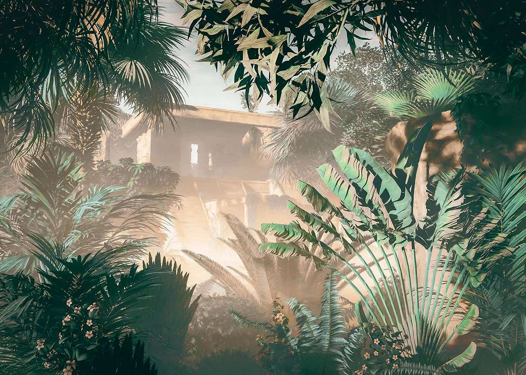 Trópusi tájkép város mintás posztertapéta