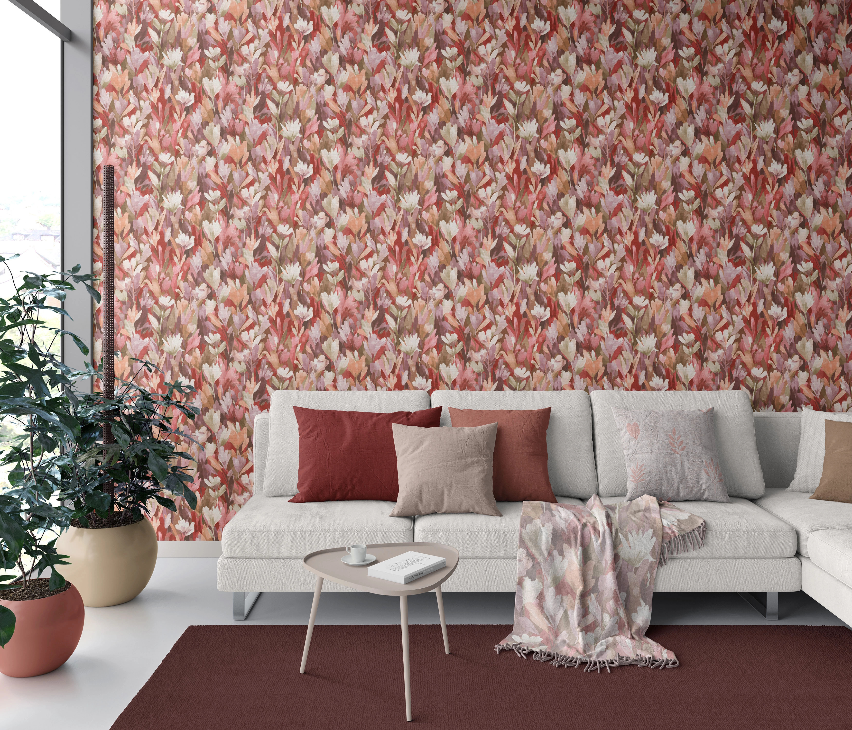 Tulipán mintás bordó színvilágú design tapéta