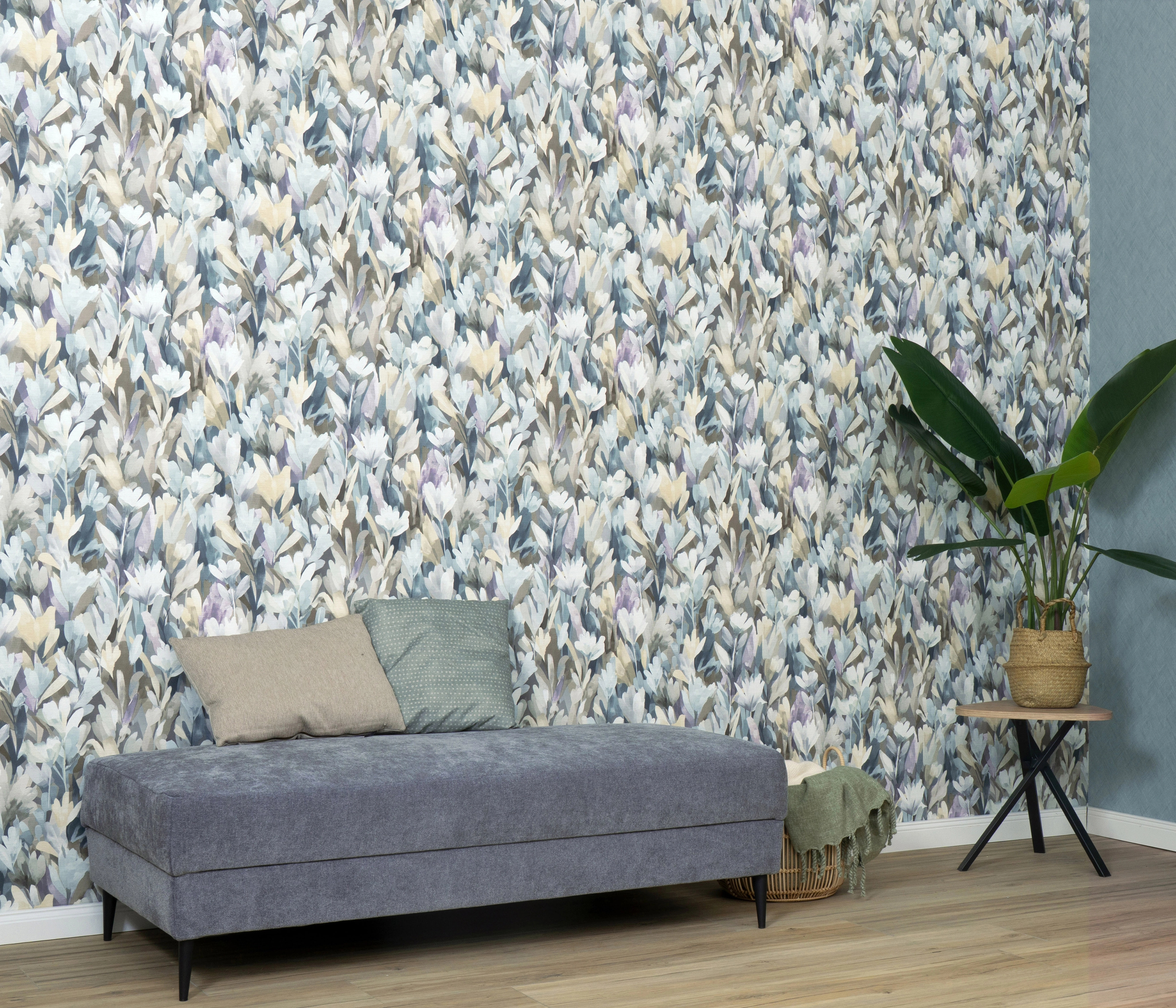 Tulipán mintás poroskék színvilágú design tapéta