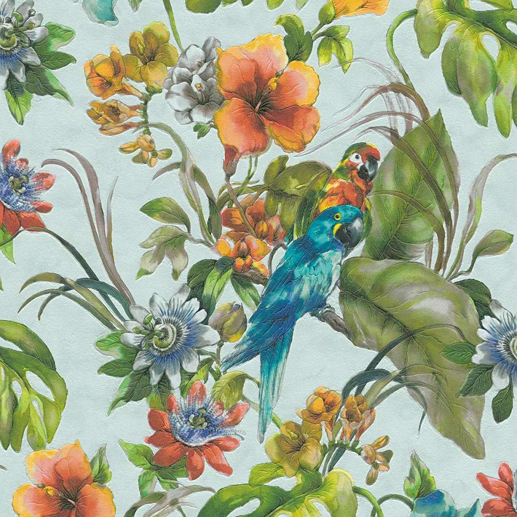 Türkiz alapon sokszínű trópusi mintás tapéta trendi papagáj mintával