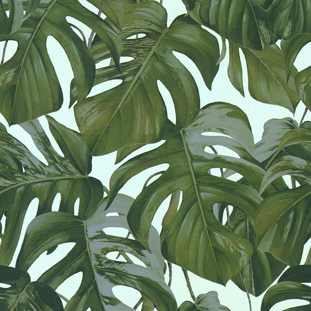 Türkiz alapon zöld trópusi pálmalevél mintás vlies tapéta