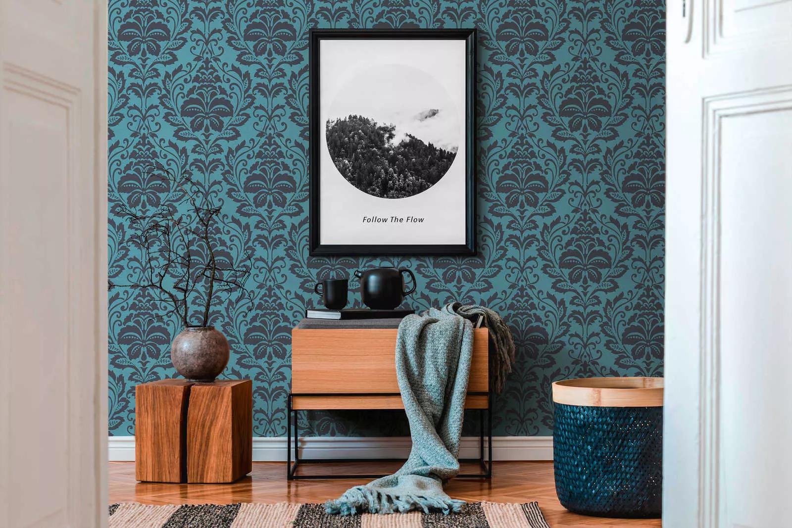 Türkiz fekete metál fényű barokk mintás dekor tapéta