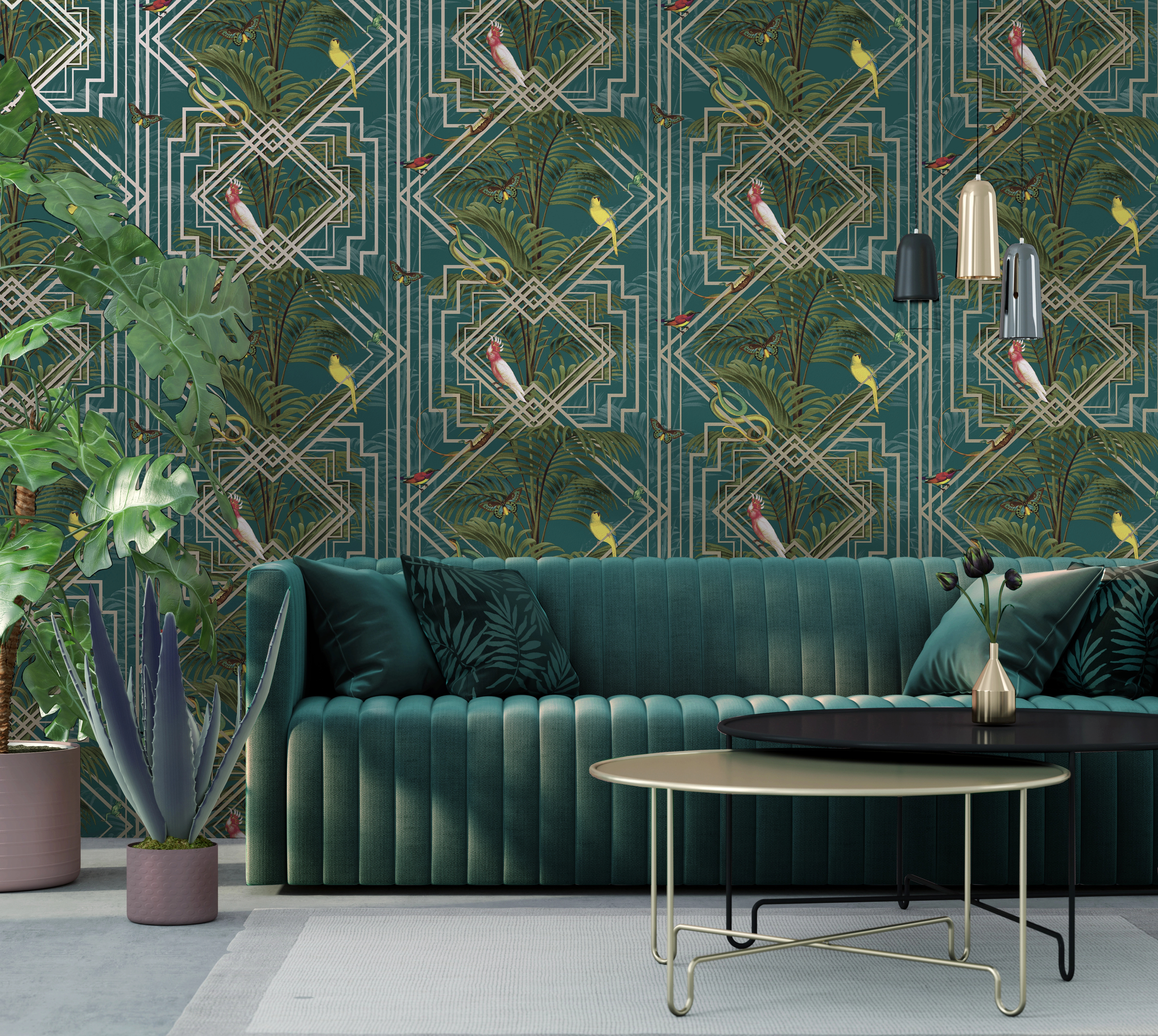 Türkiz modern bohém botanikus design tapéta pálma és papagáj mintával