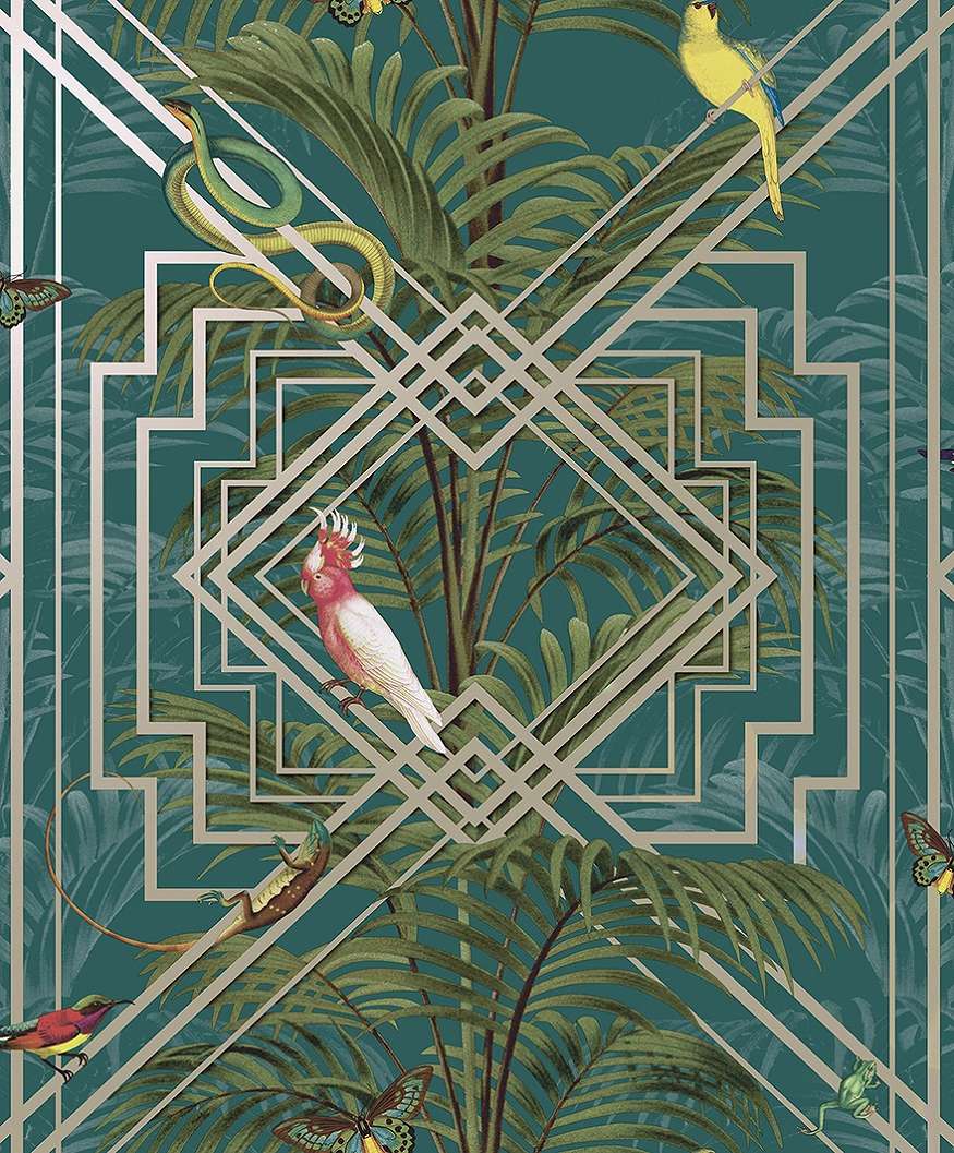 Türkiz modern bohém botanikus design tapéta pálma és papagáj mintával