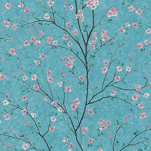 Türkíz orientális japán stílusú cseresznyevirág mintás tapéta