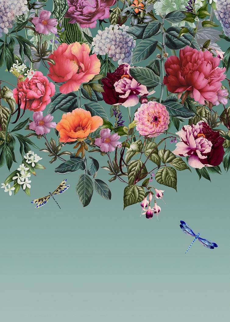 Türkiz prémium fali poszter romantikus virág és szitakötő mintákkal