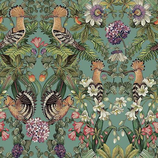 Türkiz tapéta madár és trópusi botanikus mintával