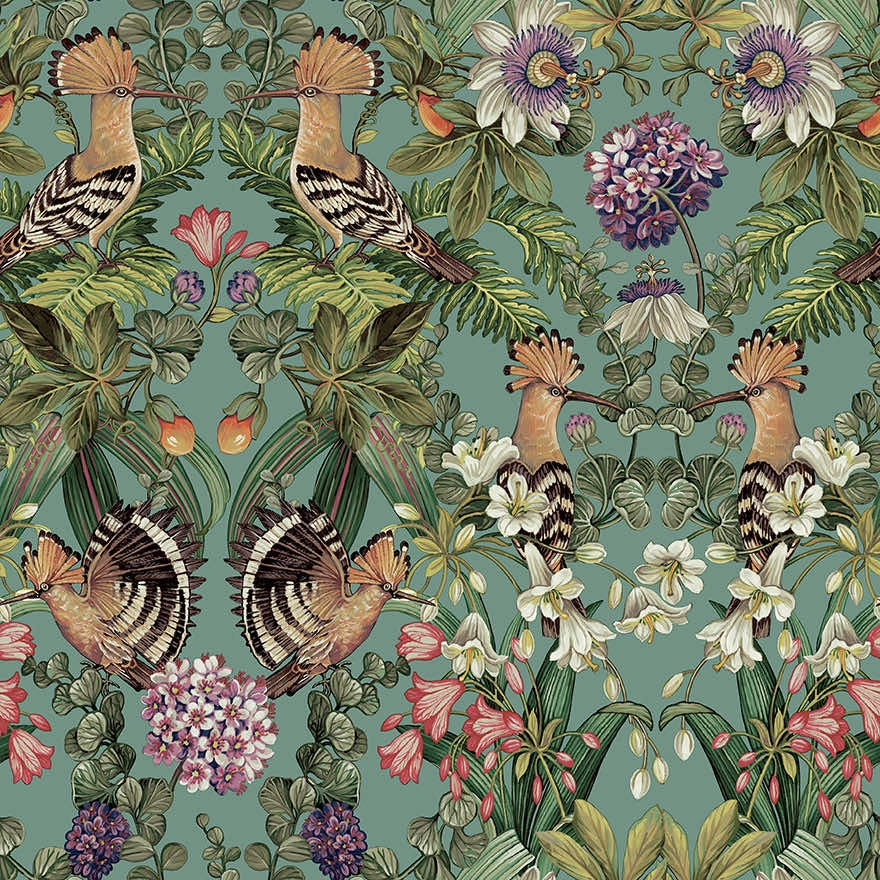Türkiz tapéta madár és trópusi botanikus mintával