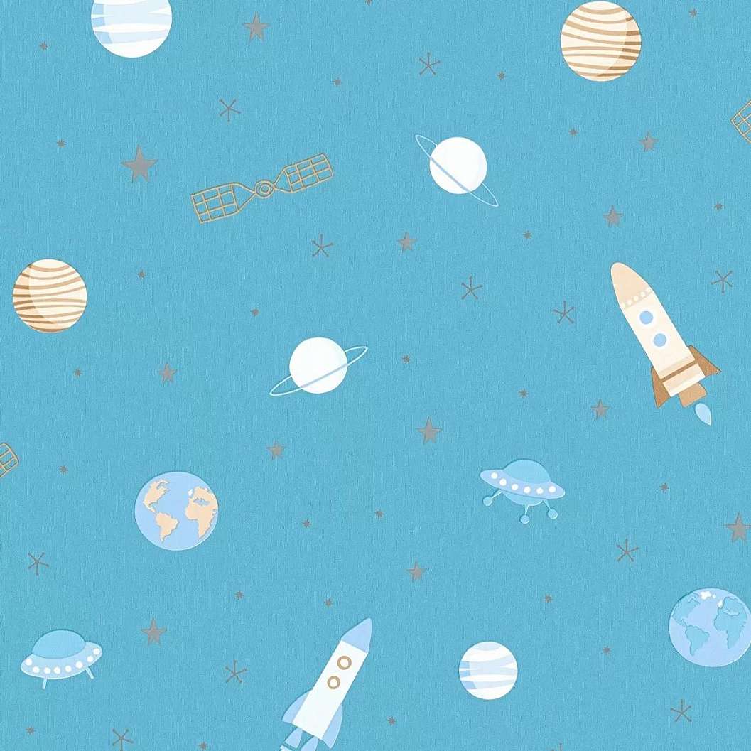 Űrhajó és bolygó mintás gyerektapéta kék színben