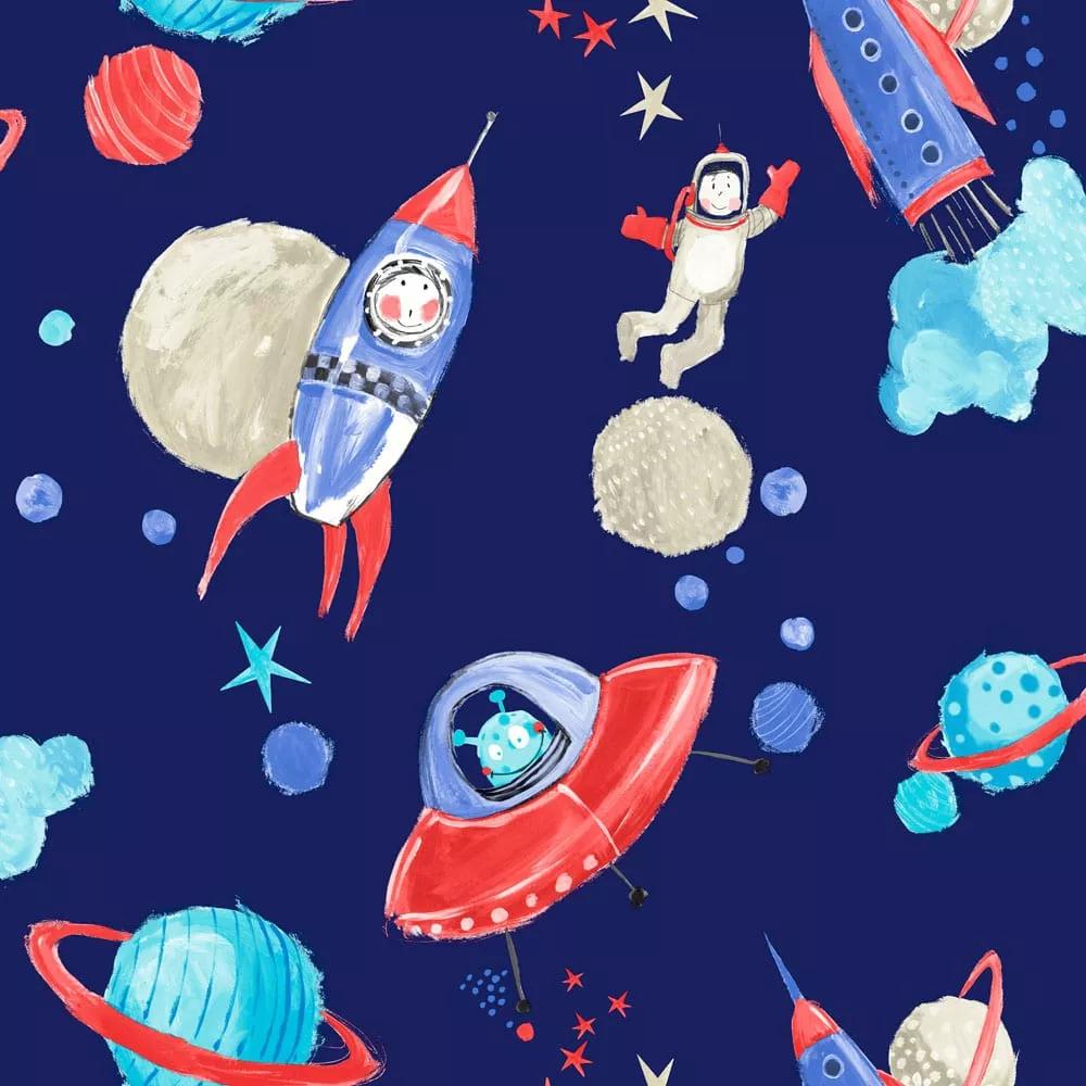 Űrhajó mintás gyerek tapéta kék színben