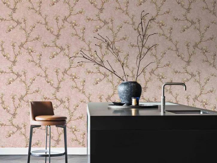 Van Gogh reprodukció, virág mintás tapéta halvány rózsaszín színben