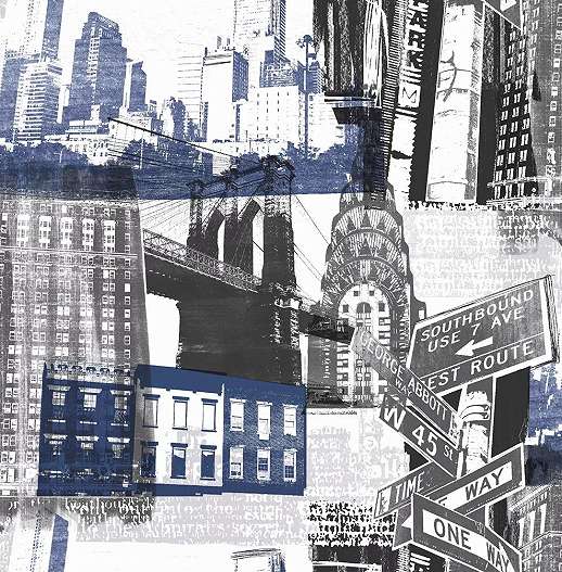 Városkép mintás tapéta kék fekete színvilágban